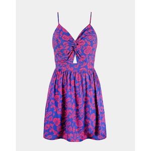Floral Twist Front Cutout Mini Dress Blue Pink Tie Back Sundress Womens